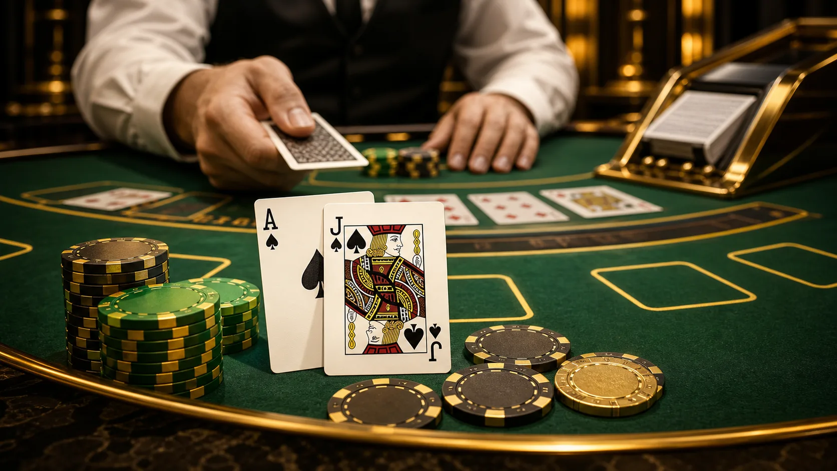Mesa de blackjack com cartas e fichas em cassino premium