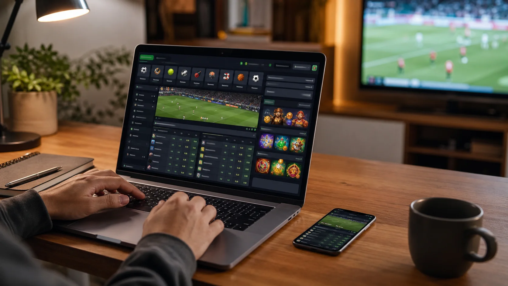 Plataforma cyberbet em notebook e celular com apostas esportivas e cassino online